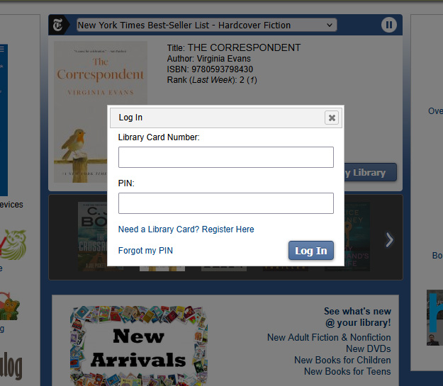 Example of login with library card and pin fields.